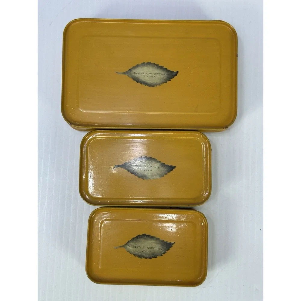3 VINTAGE TOLE HAND PAINTED METAL TRINKET BOX ELIZABETH M CUMMINGS 1954